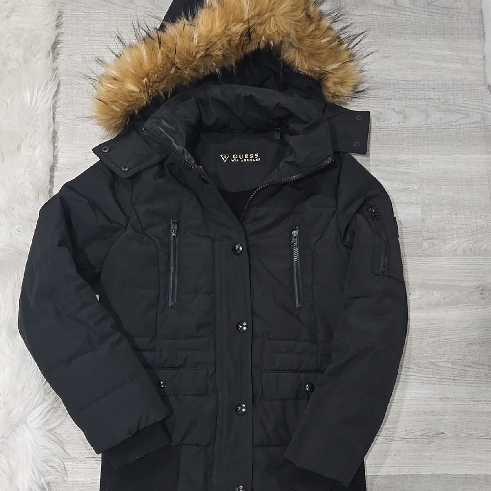Guess Women's Black Puffer Coat with Tan Faux Fur Trim